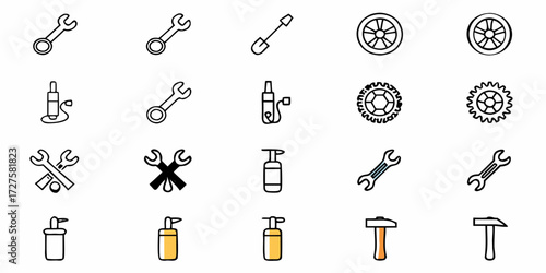 Discover a versatile toolkit collection featuring wrenches, gears, hammers, and automotive wheels essential for repair, construction, and DIY projects, perfect for creative design assets.