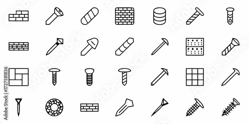 Discover essential construction and DIY icons featuring screws, nails, and brick patterns perfect for renovation projects, home improvement guides, and building industry visuals.