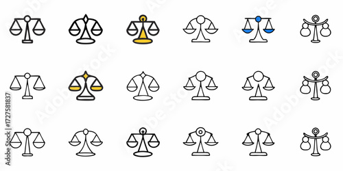 Discover a diverse collection of justice scales icons symbolizing fairness, balance, and legal representation, perfect for modern business and legal concepts.