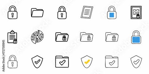 Secure digital assets and protect confidential information with modern, clean icons representing data security, privacy, and access control for business and technology applications