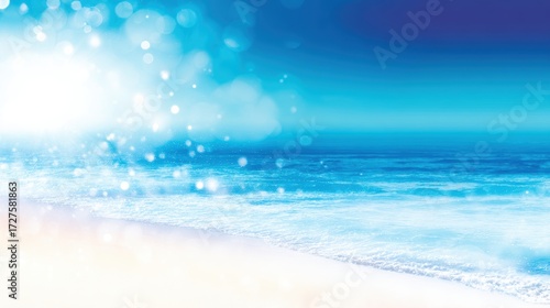 Serene beach scene at sunrise with gentle waves and sparkling sunlight reflecting on water