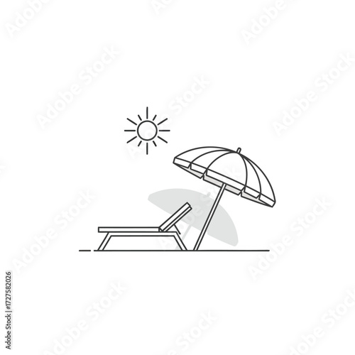 Vector art of relaxing beach scene with sun, lounge chair, and umbrella, evoking a sense of vacation, tranquility, and summer getaway