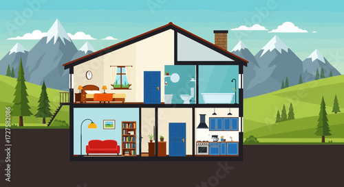 A detailed crosssection of a modern house reveals its interior layout, including a bedroom, bathroom, and kitchen, set against a backdrop of rolling hills and majestic mountains under a blue sky