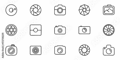 Captivating camera icons and aperture symbols create visually engaging designs for photography and creative projects, perfect for modern digital content creation and marketing campaigns.