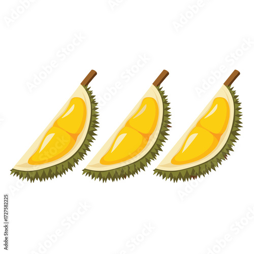 Three slices of ripe durian fruit showcasing its creamy yellow flesh.
