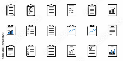 Diverse clipboard and document icons showcasing data analysis charts and checklists, perfect for modern business presentations, reports, and planning workflows.