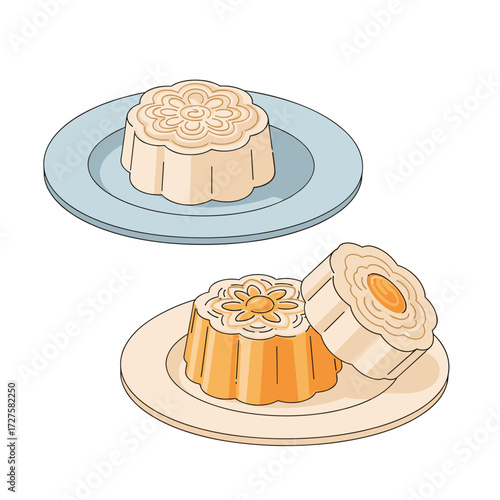 Two delicious mooncakes on small plates.