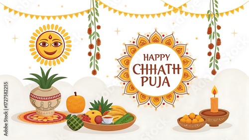 Happy chhath puja celebration with traditional elements isolated on white background