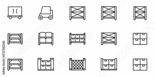 Modern warehouse icons show logistics, storage racks, boxes, and forklift for efficient supply chain and inventory management solutions