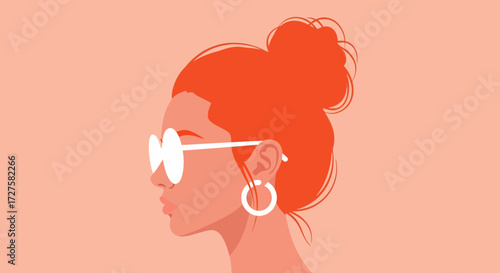 A stylish woman with vibrant orange hair styled in a messy bun, wearing large white sunglasses and hoop earrings, depicted in a profile view against a soft peach background