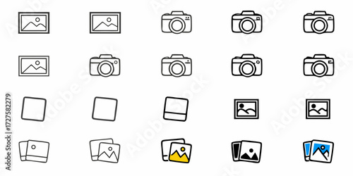 Capturing memories and moments with stylish camera and photo frame icons, perfect for digital scrapbooking and creative projects, conveying nostalgia and modern design