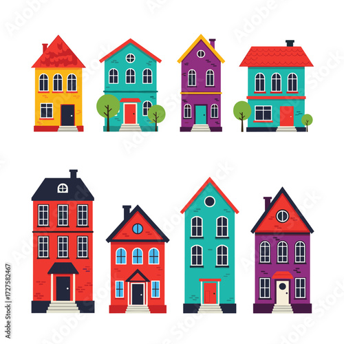 A collection of colorful houses with different architectural styles.
