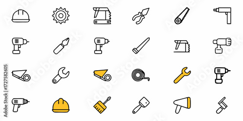 Diverse construction tools and safety gear icons create a professional visual for industry projects, DIY guides, and technical presentations, empowering builders.