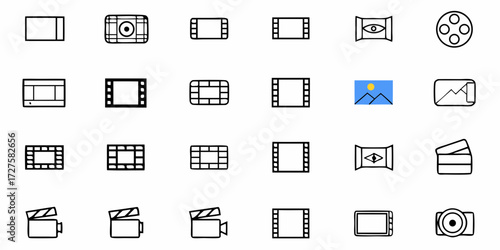 Capture your vision with diverse film and video icons, from classic cameras and clapperboards to modern screens and cinematic elements, perfect for storytelling and media projects.