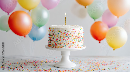A simple white cake with colorful sprinkles, one candle, and floating rainbow balloons