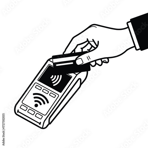 Vector art of contactless payment illustration with a hand holding a credit card over a payment terminal, showcasing modern transaction technology