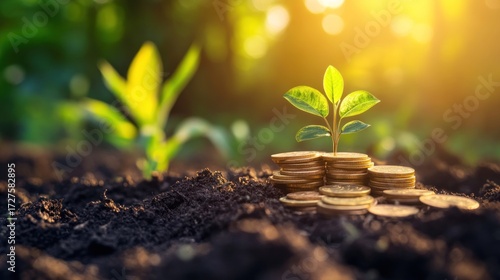 Growth, Investment, Financial Prosperity: A Sapling Thriving Amidst a Pile of Coins, Symbolizing Financial Growth and the Power of Investment in Nature's Embrace.