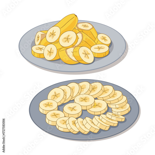 Two plates of sliced bananas in different arrangements.