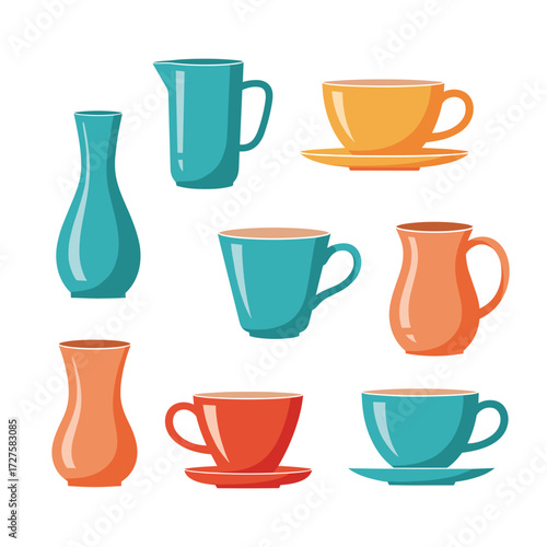 A collection of colorful ceramic cups saucers vases and pitchers.