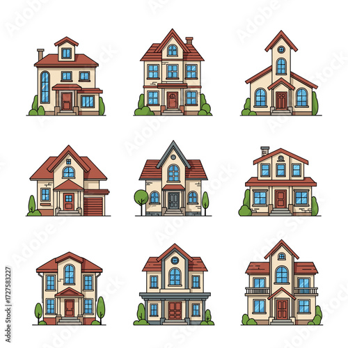 Collection of nine pixel art houses with different architectural styles.