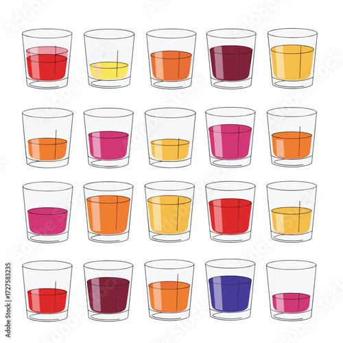 A variety of colorful fruit juices in clear glasses arranged in rows and columns.