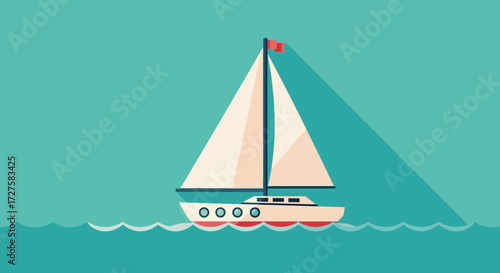 A solitary sailboat glides gracefully across a calm, turquoise sea under a clear blue sky, casting a long shadow