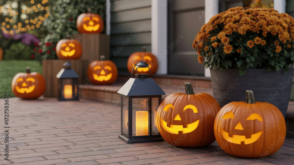 Fototapeta premium Halloween Porch Decoration with Pumpkins Lanterns and Mums Creating a Festive Atmosphere