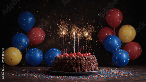 Beautiful image of a chocolate birthday cake with bright candles and red, blue, and yellow balloons. Happy birthday. Parties and celebrations