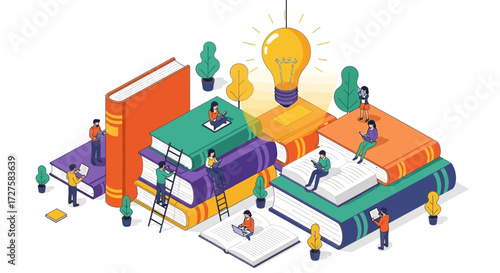 Tiny people climb ladders and read books stacked high, illuminated by a bright idea lightbulb, symbolizing education and knowledge