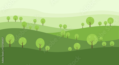 A serene landscape unfolds with rolling green hills and stylized trees under a soft, gradient sky, evoking a sense of natural tranquility and growth