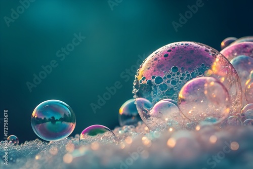 Wallpaper Mural Iridescent soap bubbles float on a surface with a teal background creating magic Torontodigital.ca