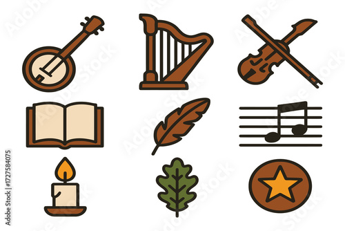 Collection of celtic and folk music icons featuring instruments book feather and nature