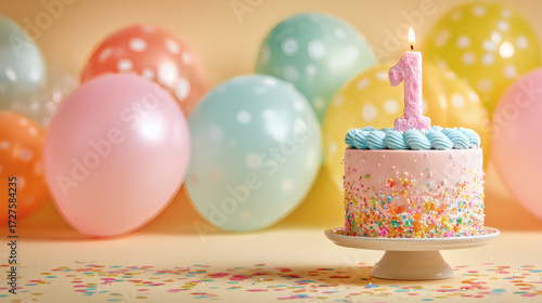 Beautiful image of a colorful birthday cake with a number 1 candle on top and pastel-colored balloons in the background. Happy birthday. Parties and celebrations