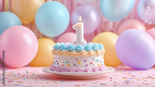 Beautiful image of a colorful birthday cake with a number 1 candle on top and pastel-colored balloons in the background. Happy birthday. Parties and celebrations