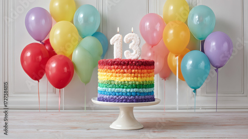 Beautiful image of a creative rainbow cake with a 13-shaped candle surrounded by colorful balloons in the background. Happy birthday. Parties and celebrations