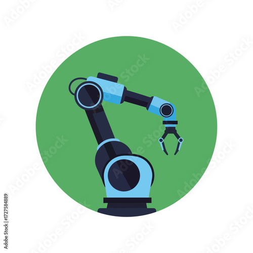 Vector art of robotic arm with a green background, showcasing precision and automation in manufacturing, highlighting the capabilities of modern industrial technology