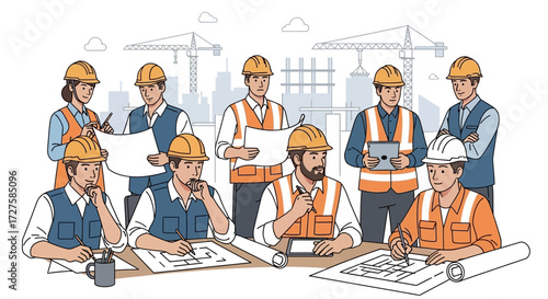 A diverse team of construction professionals collaborates on blueprints and plans at a building site, showcasing teamwork and project development