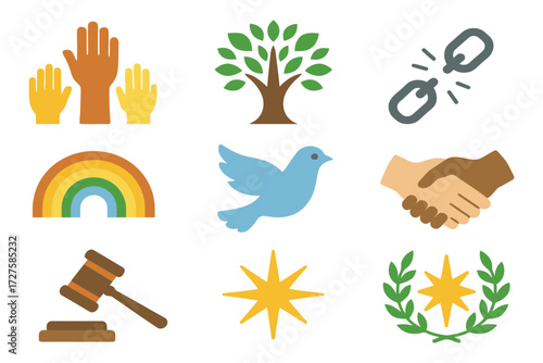 Diverse icons representing peace unity justice nature and freedom concepts