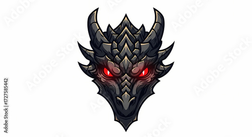 Dragon head illustration fierce dark metallic with glowing red eyes for fantasy game art