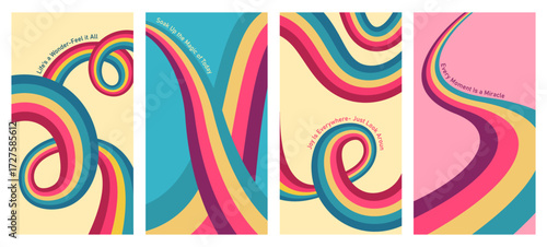 Retro 70s abstract posters with rainbow stripes and groovy curves. Vintage geometric vector set in hippie style. Colorful background for artwork, fashion print and wall decor.	