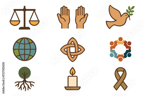 Collection of diverse icons representing justice peace unity hope and remembrance symbols