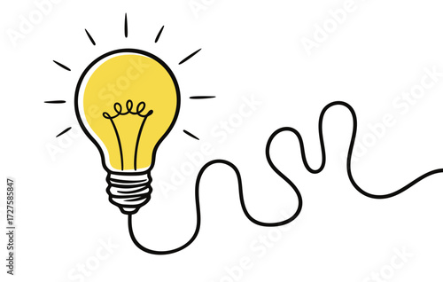 Hand drawn glowing yellow light bulb vector illustration on white background, Creative idea concept. Eps10