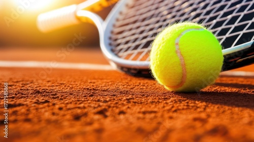 Tennis ball and racket on clay court in sunlight