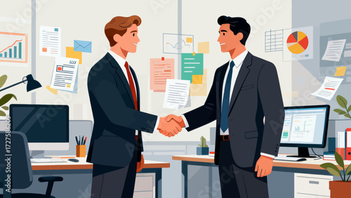 Business people in suits are in the office, shaking hands and working together, hand-drawing vector illustrations