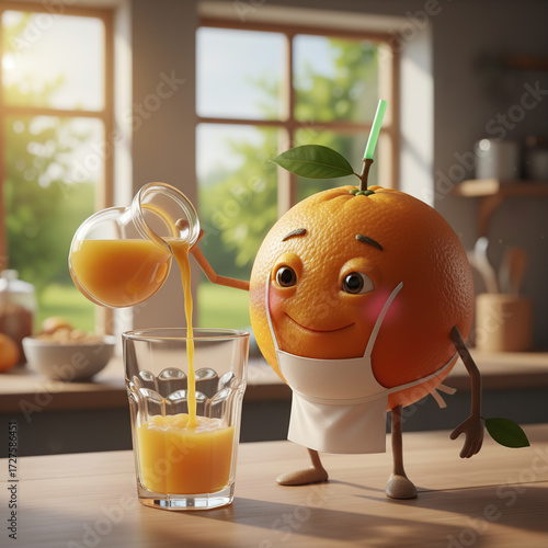 Anthropomorphic Orange Pouring Juice into Glass