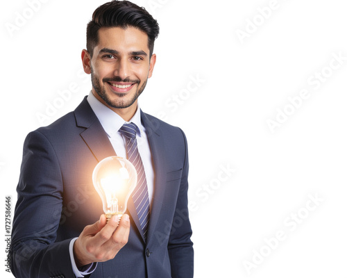A confident businessman in a suit holding a glowing lightbulb symbolizing innovation, 
