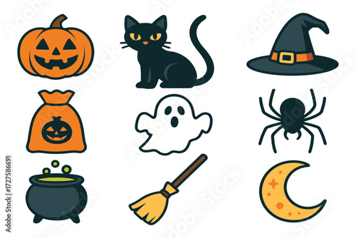 Collection of cute hand drawn halloween icons including pumpkin cat hat and ghost