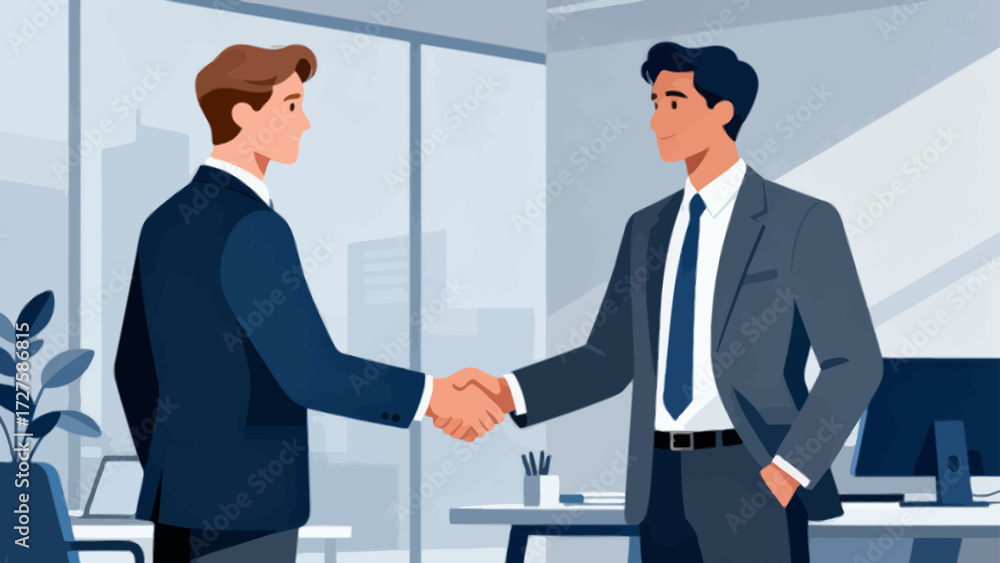 Fototapeta premium Business people in suits are in the office, shaking hands and working together, hand-drawing vector illustrations