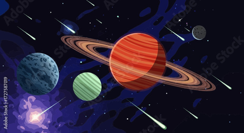 A vibrant illustration depicts a ringed planet, a blue textured planet, and a green striped planet amidst a cosmic scene filled with comets, nebulae, and distant stars
