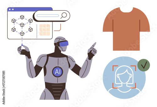 AI-powered humanoid robot interacting with blockchain data, facial recognition interface, and clothing search. Ideal for AI, machine learning, technology innovation, automation, retail, identity